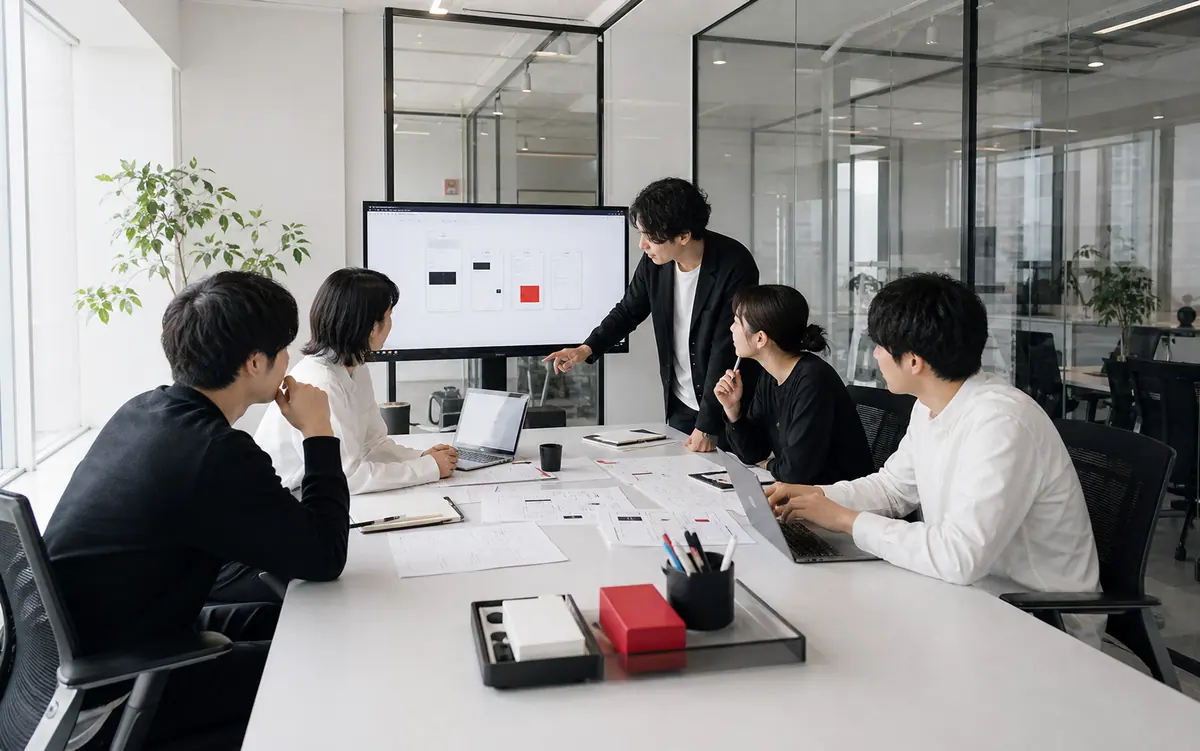 会議室でプロダクト設計について話し合うYYBCのチーム